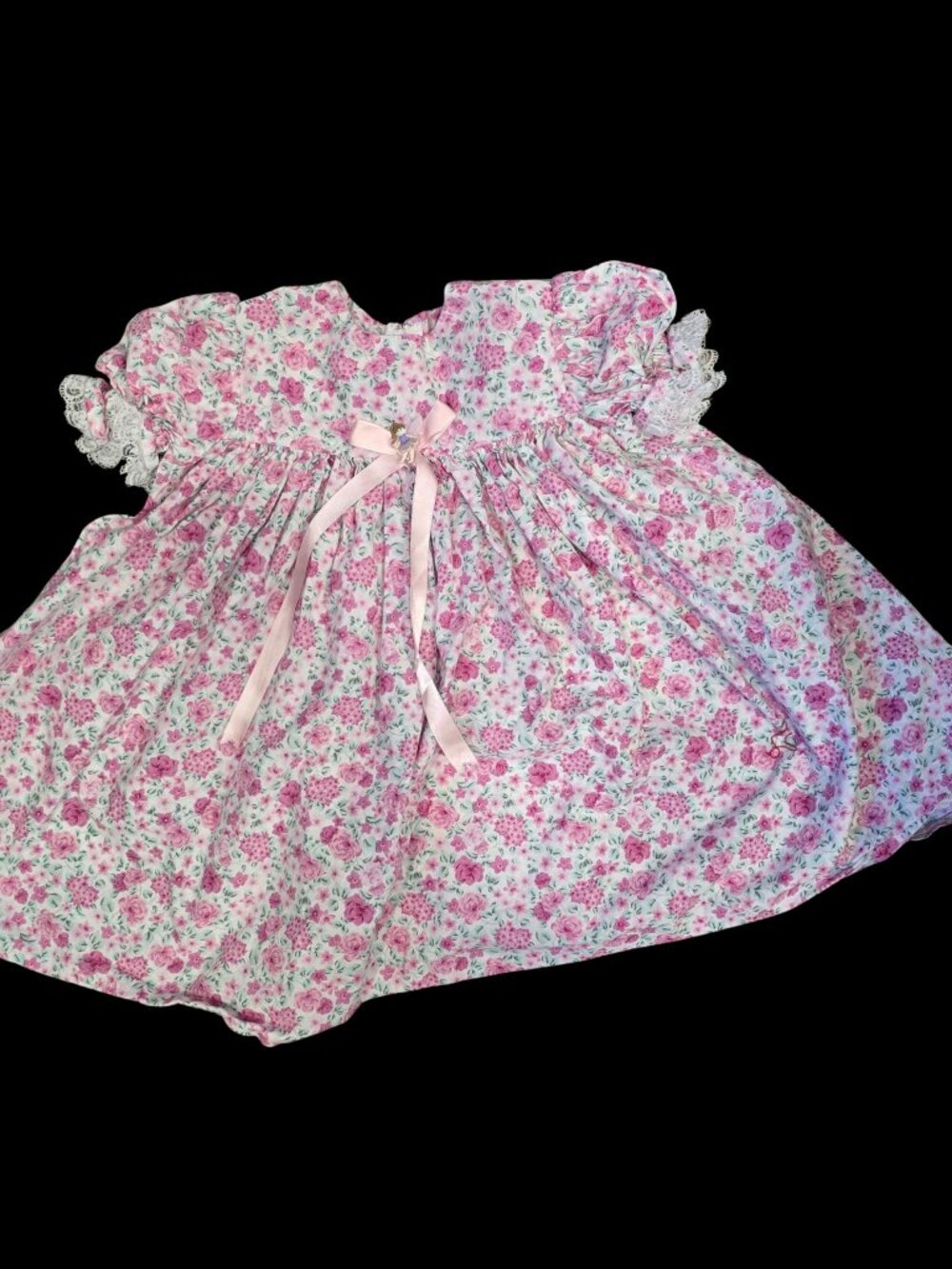 Handmade Pink Floral Girls Dress Lace Puff Sleeves Fairy Bow